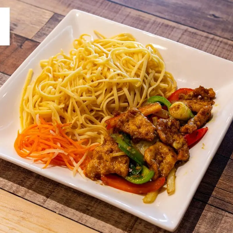 Grilled chicken with peppers and noodles at Pho Mama Fremont